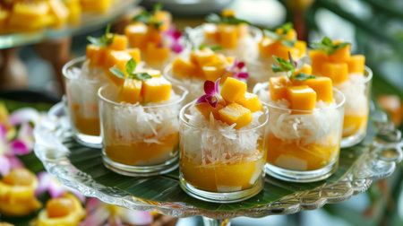 Traditional Thai desserts, including mango sticky rice and coconut jelly.の素材