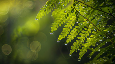 Morning dew on the delicate leaves of a fern plant.の素材