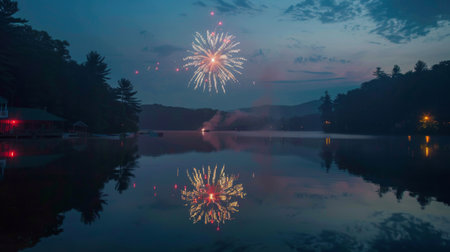 Fireworks reflecting off a calm lake, doubling the spectacle of lights.の素材