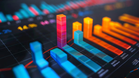 Colorful bar graphs and charts depicting sales growth and revenue increase over time.の素材