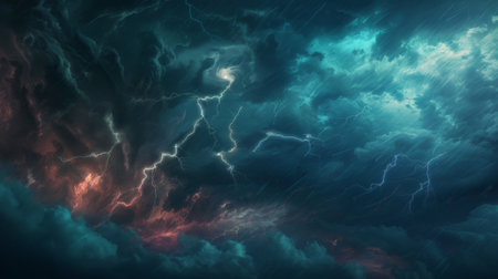 Lightning bolts striking across a turbulent, darkened sky during a thunderstorm.の素材