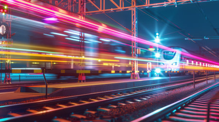High-speed trains passing through a railway intersection with barriers down for safety.の素材