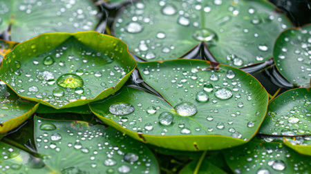 Rainwater droplets on the surface of a green lily pad.の素材