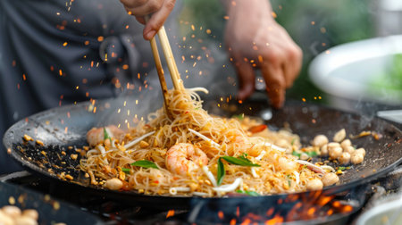 Thai street vendor cooking pad thai noodles with shrimp and peanuts.の素材