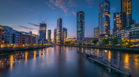 Modern apartment buildings and offices towering over a riverbank in a vibrant city.の素材