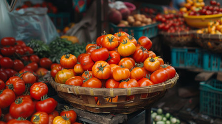 Tomatoes in different shapes and sizes piled up at a local market stall for sale.の素材