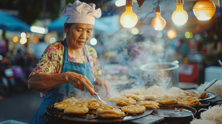 Thai street food vendor preparing coconut pancakes (kanom krok) on a griddle.の素材