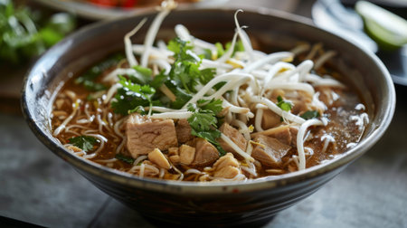 Thai noodle soup (kuay teow) served with pork, bean sprouts, and herbs.の素材
