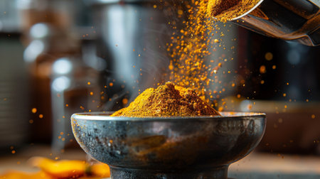 Ground spices pouring out of a stainless steel grinder into a ceramic bowl.の素材