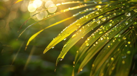 Water droplets reflecting sunlight on a lush tropical leaf.の素材