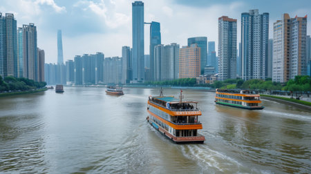 Tour boats cruising past towering office buildings along a bustling urban riverfront.の素材