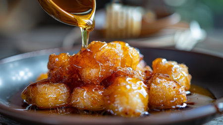 Traditional Thai dessert of crispy banana fritters served with honey syrup.の素材
