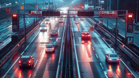 Vehicles passing through toll booths on a highway with electronic payment systemsの素材