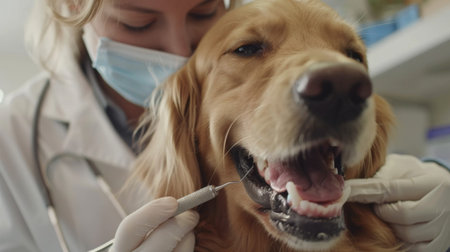 A veterinarian examining a dog's teeth with a dental tool in a veterinary clinic.の素材