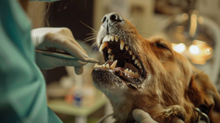 A veterinarian examining a dog's teeth with a dental tool in a veterinary clinic.の素材