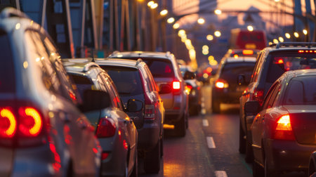 A traffic jam on a crowded bridge with cars bumper to bumper during peak hours.の素材