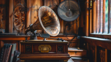 A vintage gramophone with a horn speaker, showcasing retro audio technology.の素材