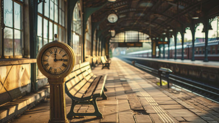 A vintage train station platform with an old-fashioned clock and wooden benches.の素材