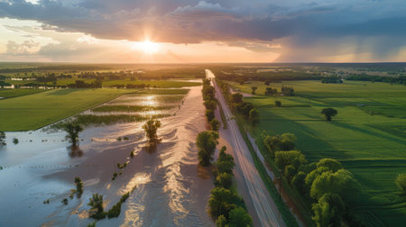 Aerial view of flooded fields and roads after heavy rainfall from a storm.の素材