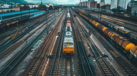 A train yard with multiple tracks and locomotives parked for maintenance and repair.の素材