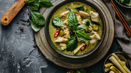 Aromatic Thai green curry with chicken and bamboo shoots in a serving bowl.の素材