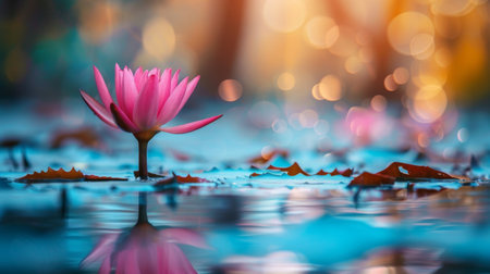 A vibrant pink lotus flower standing tall above the water.の素材