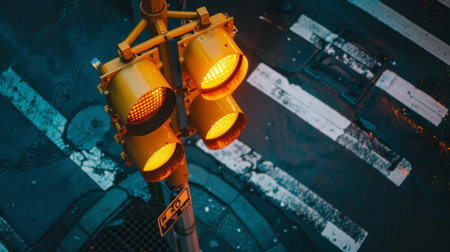 A yellow traffic light signaling caution to drivers approaching an intersection.の素材