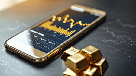 A smartphone showing a live streaming gold price graph on a trading app.の素材