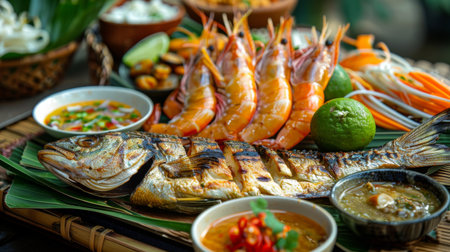 A Thai seafood feast with grilled fish, prawns, and spicy dipping sauces.の素材