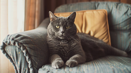 An obese gray cat sitting on a cushioned chair, looking curiously at the camera.の素材