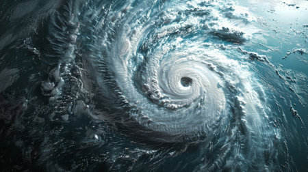 An ominous hurricane swirling over the ocean, seen from a satellite perspective.の素材