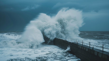 Waves crashing against a breakwater during a powerful storm at sea.の素材