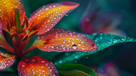 Dew droplets on the leaves of a vibrant flower, reflecting its colors.の素材