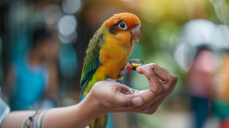 Close-up of a vet administering medicine to a bird perched on a hand in a clinic.の素材
