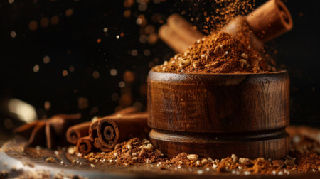 Freshly ground cinnamon powder in a wooden grinder, sprinkled on a dessert.の素材
