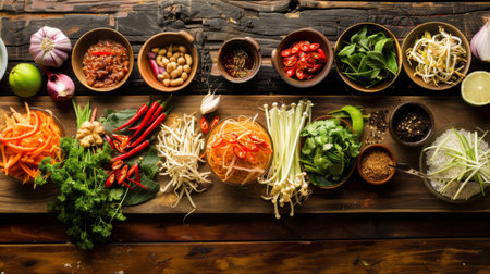 Fresh ingredients for Thai papaya salad (som tam) arranged on a wooden table.の素材