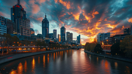 Modern architecture of high-rise buildings along a river under a dramatic sky.の素材