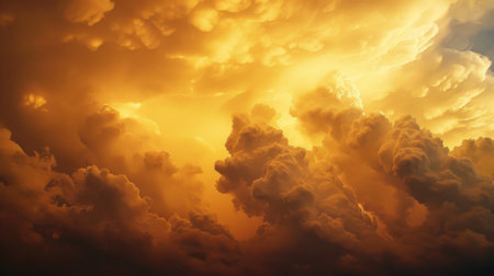 Dramatic storm clouds illuminated by the setting sun, casting a golden hue.の素材