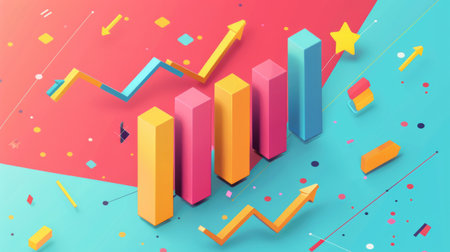 Colorful bar graphs and charts depicting sales growth and revenue increase over time.の素材