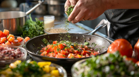 A chef adding a sprinkle of herbs to a dish, with a variety of colorful ingredients around.の素材