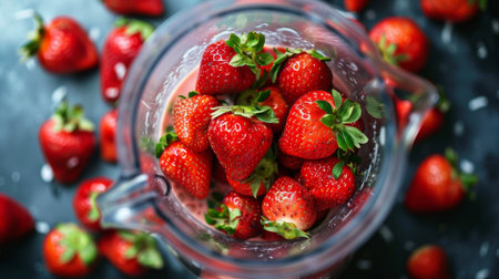 A blender filled with ripe strawberries and coconut milk, ready to blend into a dairy-free strawberry smoothie.の素材