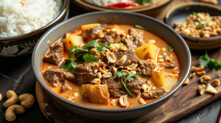 A bowl of creamy Massaman curry with tender chunks of beef, potatoes, and roasted peanuts.の素材