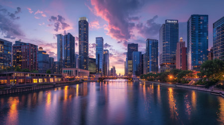 A cityscape panorama featuring tall buildings and skyscrapers along a wide river during twilight.の素材