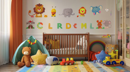 A child's nursery with a crib, soft toys, and colorful wall decals featuring animals and alphabet letters.の素材