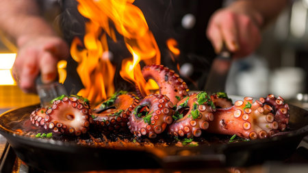 A chef grilling octopus tentacles over an open flame, seasoned with herbs and olive oil, in a restaurant kitchen.の素材