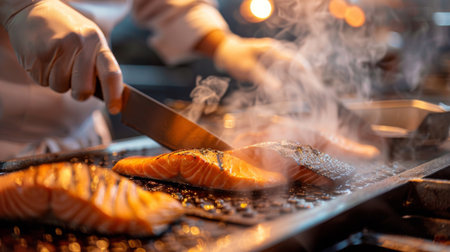 A chef slicing a grilled salmon fillet into portions, with steam rising from the hot fish.の素材