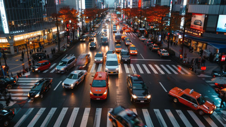 A busy intersection in a modern city with cars and pedestrians crossing the street.の素材