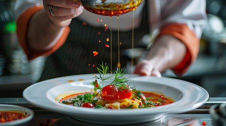 A chef presenting a beautifully plated Tom Yum Goong soup with artistic garnishes and a drizzle of chili oil.の素材