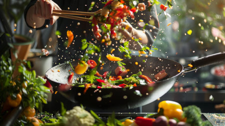 A chef tossing a stir-fry in a wok, with vibrant vegetables and pieces of meat flying in the air.の素材