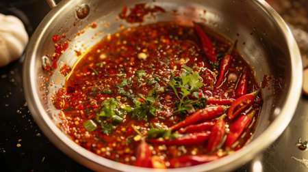 A bowl of homemade chili sauce with crushed peppers, garlic, and spices, ready for cooking.の素材